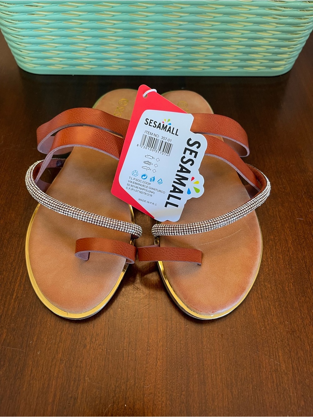 NWT Sesamall Item 357-01 Women's Brown Rhinestone Toe-Loop Sandals - Picture 3 of 10